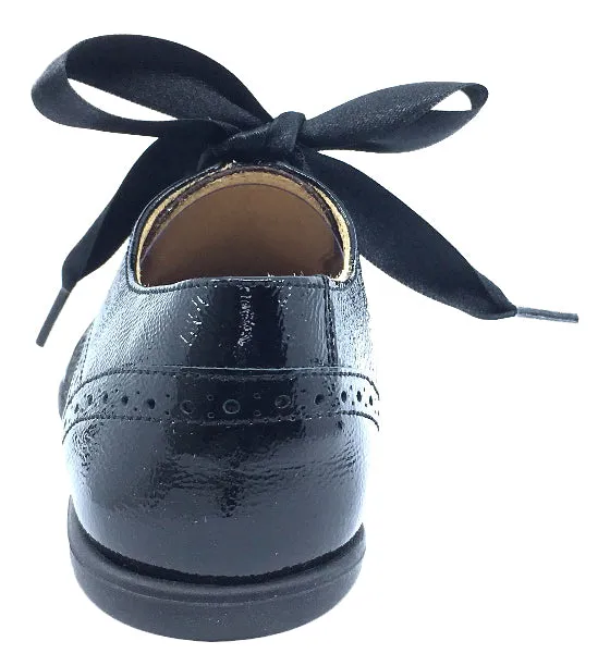 Andanines Boy's and Girl's Ribbon Tie Oxford, Black Patent/Black Poni