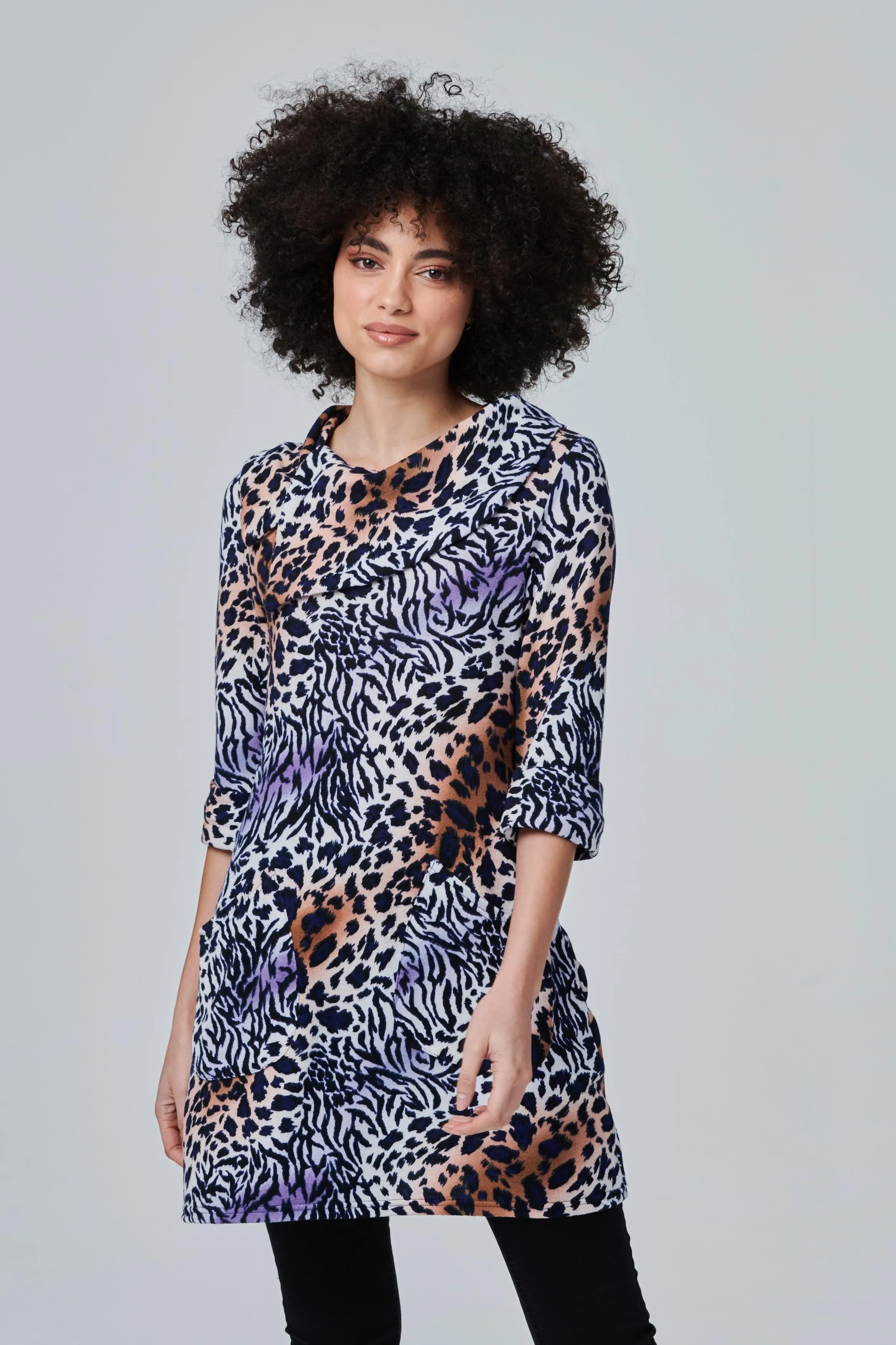 Animal Print Cowl Neck Tunic Top