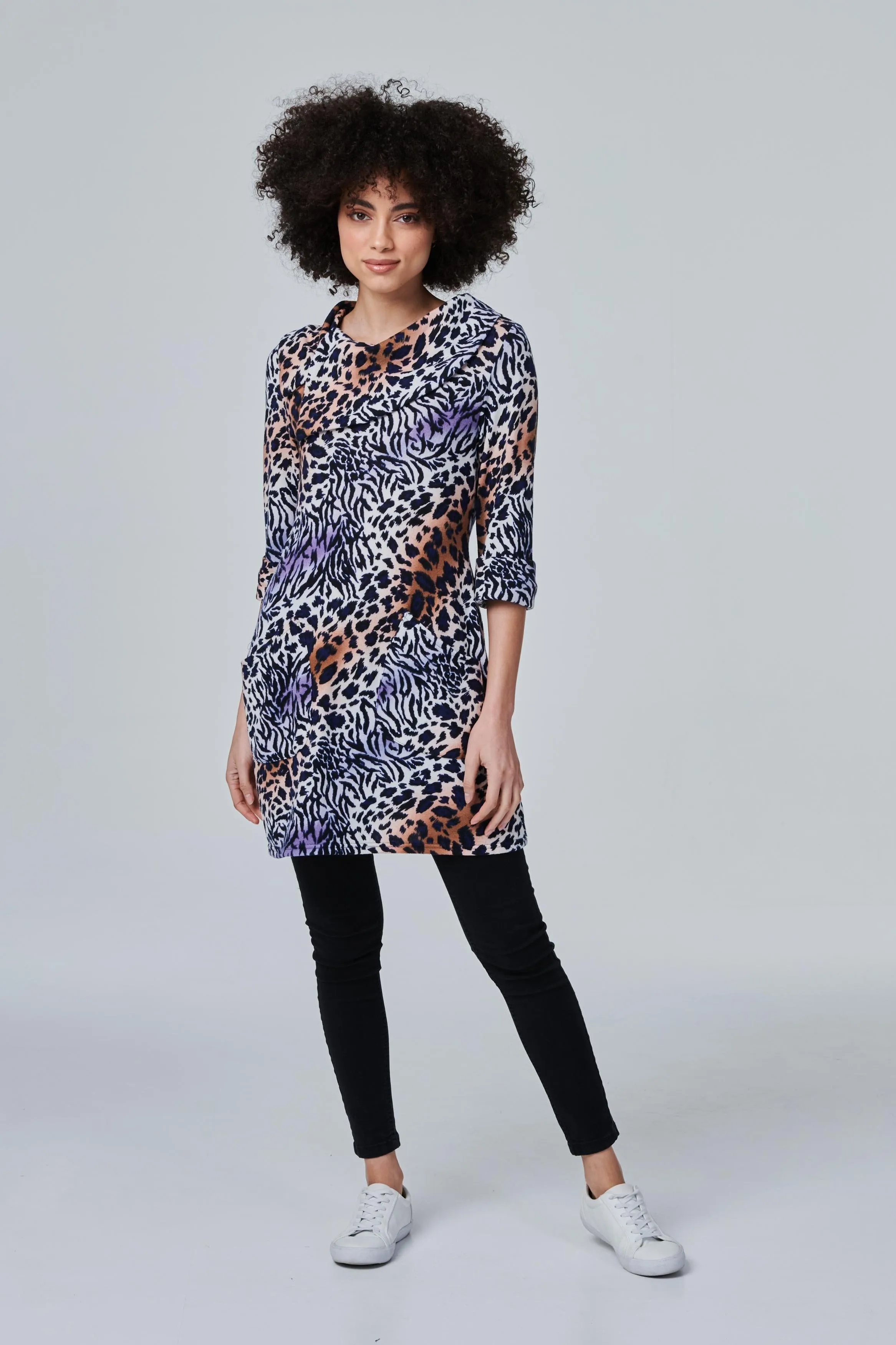 Animal Print Cowl Neck Tunic Top