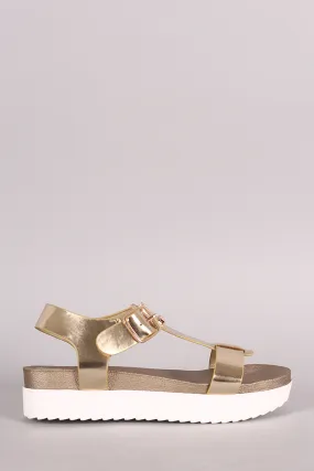 Bamboo Metallic T-Strap Flatform Lug Sandal