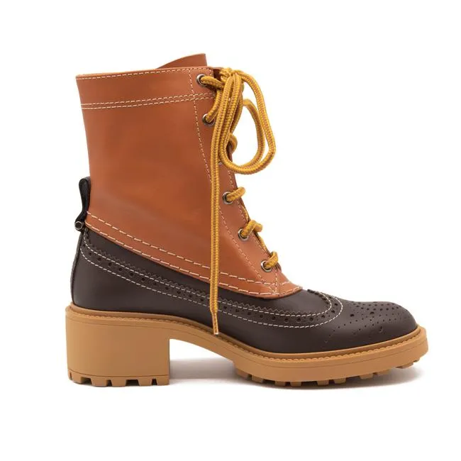 Chloe Brown Leather Franne Luminous Ochre Wing Tip Lug Sole Hiking Boots/Boo Boots/Booties