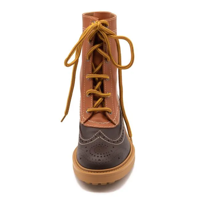 Chloe Brown Leather Franne Luminous Ochre Wing Tip Lug Sole Hiking Boots/Boo Boots/Booties