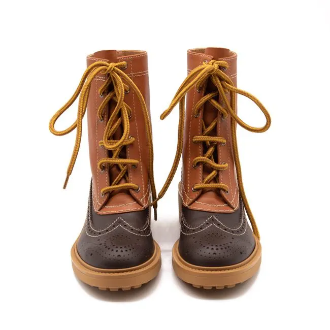 Chloe Brown Leather Franne Luminous Ochre Wing Tip Lug Sole Hiking Boots/Boo Boots/Booties